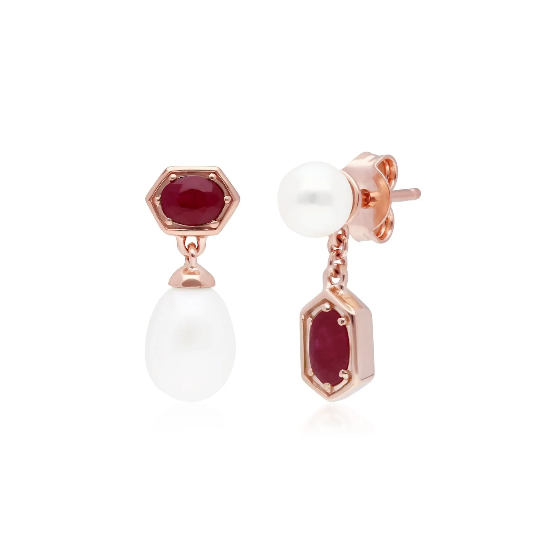 Moderne Perle & Rubin Asymmetrische Tropfen Ohrringe in Rose Vergoldetem Sterling Silber