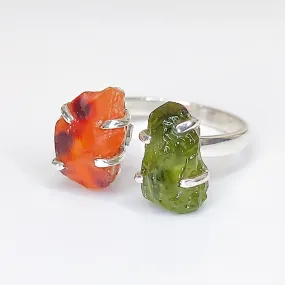 Moldavite and Carnelian Double Stone Prong Ring