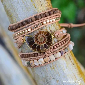 Natural Ammonite Fossil, Sunstone and Wood Beaded Wrap Bracelet Free Spirit