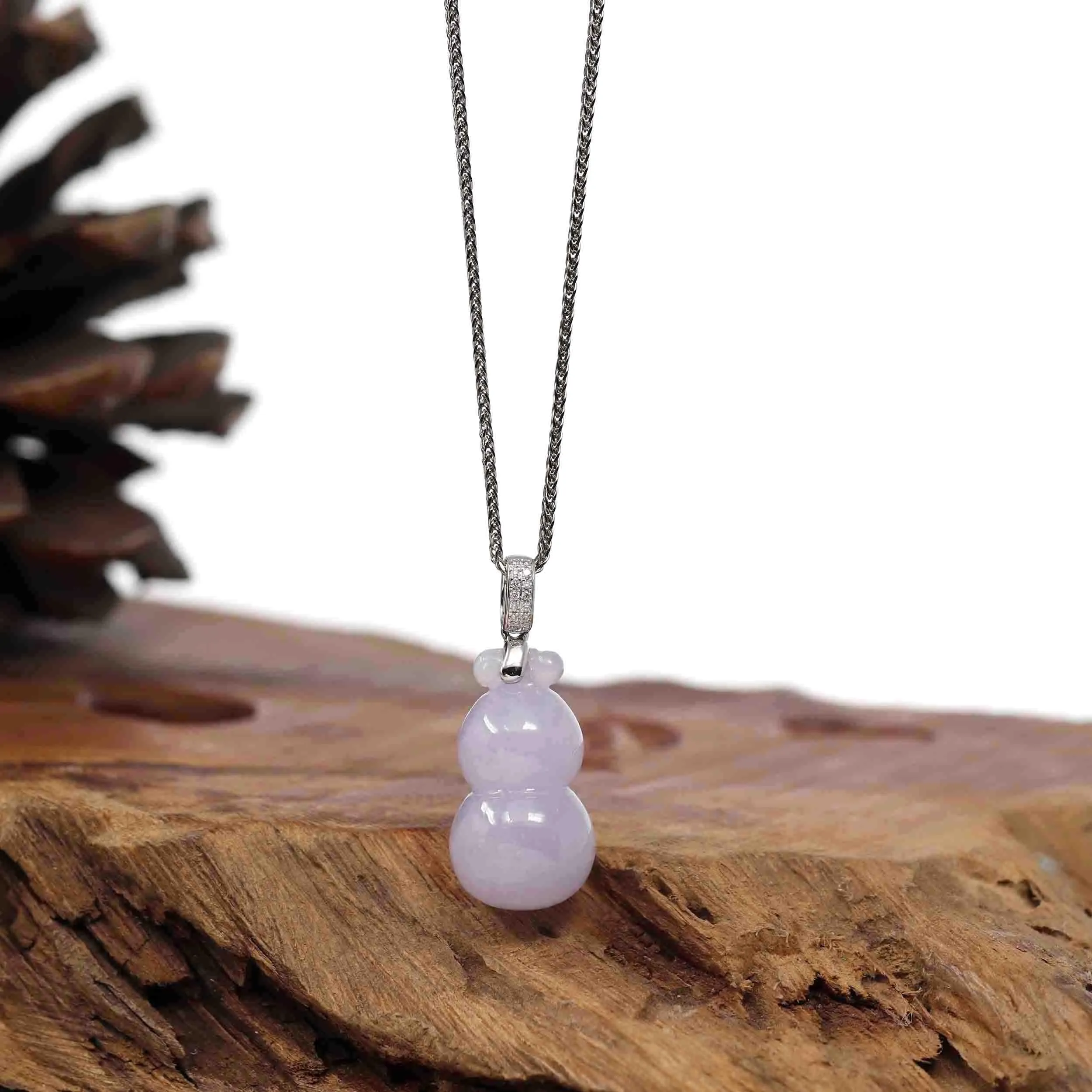 Natural Lavender Jadeite Jade "Magic Bottle Gourd" Hulu Necklace With 14k White Gold Diamond Bail