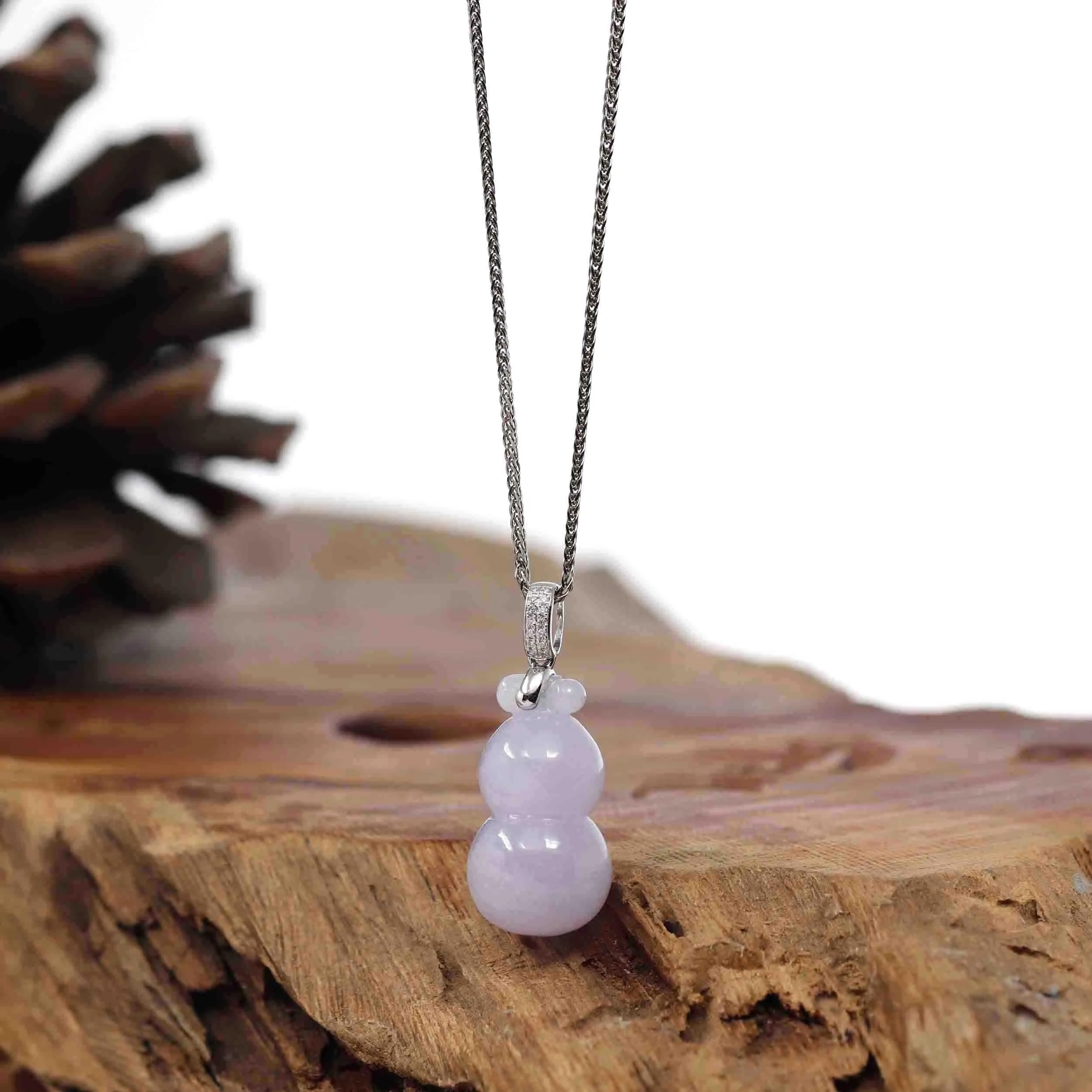 Natural Lavender Jadeite Jade "Magic Bottle Gourd" Hulu Necklace With 14k White Gold Diamond Bail