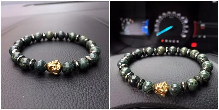 Natural Malachite &amp Chipped Hematite Gold Buddha Bracelet