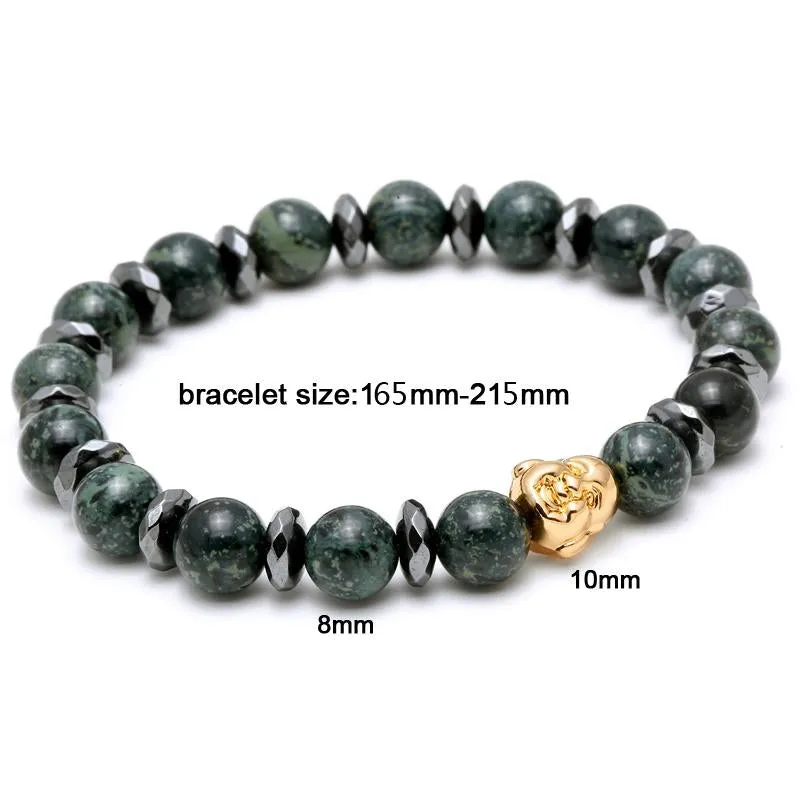 Natural Malachite &amp Chipped Hematite Gold Buddha Bracelet