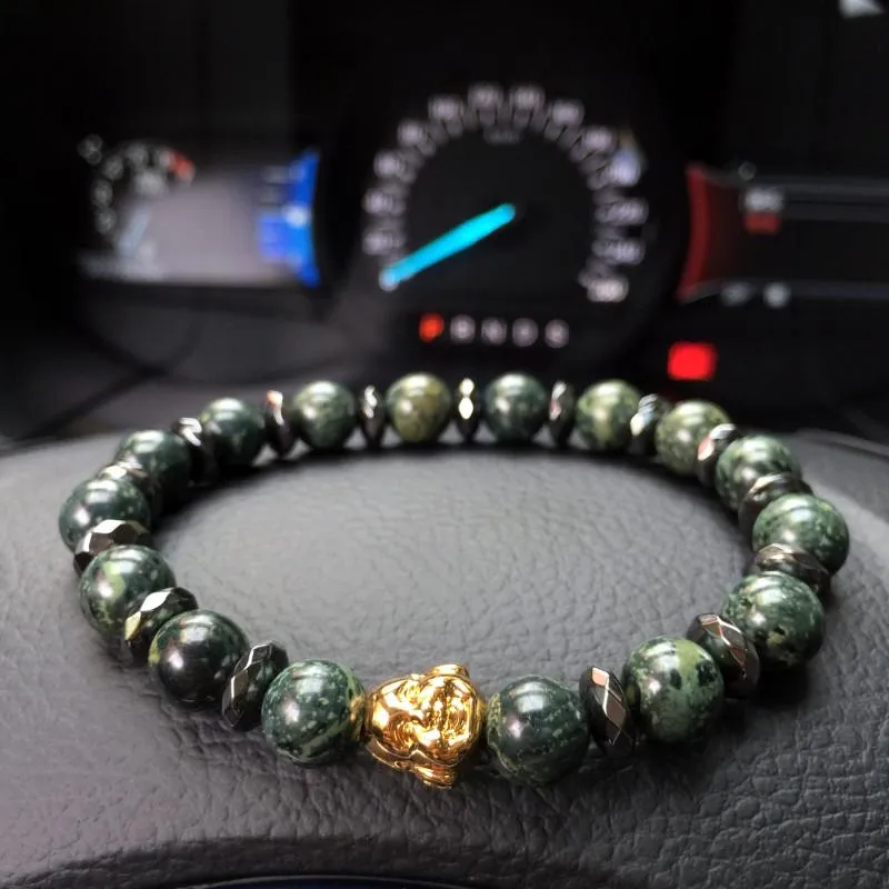 Natural Malachite &amp Chipped Hematite Gold Buddha Bracelet