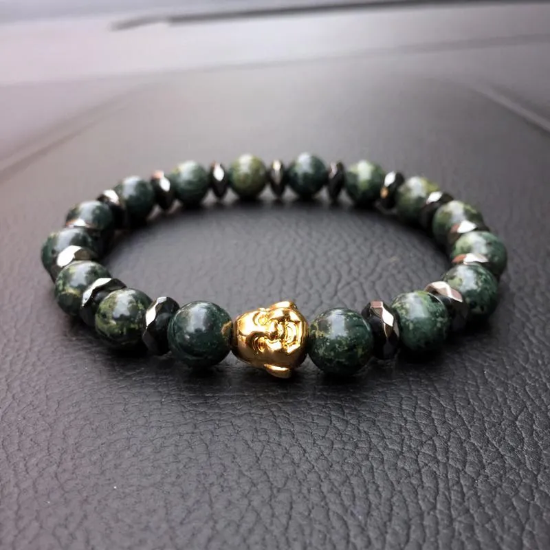 Natural Malachite &amp Chipped Hematite Gold Buddha Bracelet