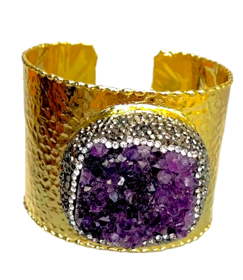 Natural Purple Amethyst Druzy Adjustable Statement Cuff Bracelet