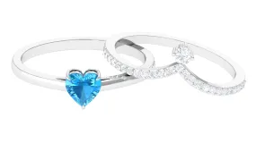 Natural Swiss Blue Topaz and Diamond Heart Ring Set