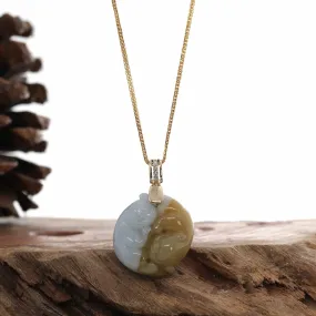 Natural Yellow Jadeite Jade Lucky "Yin Yang Pixiu" Necklace With 14k Yellow Gold Diamond Bail