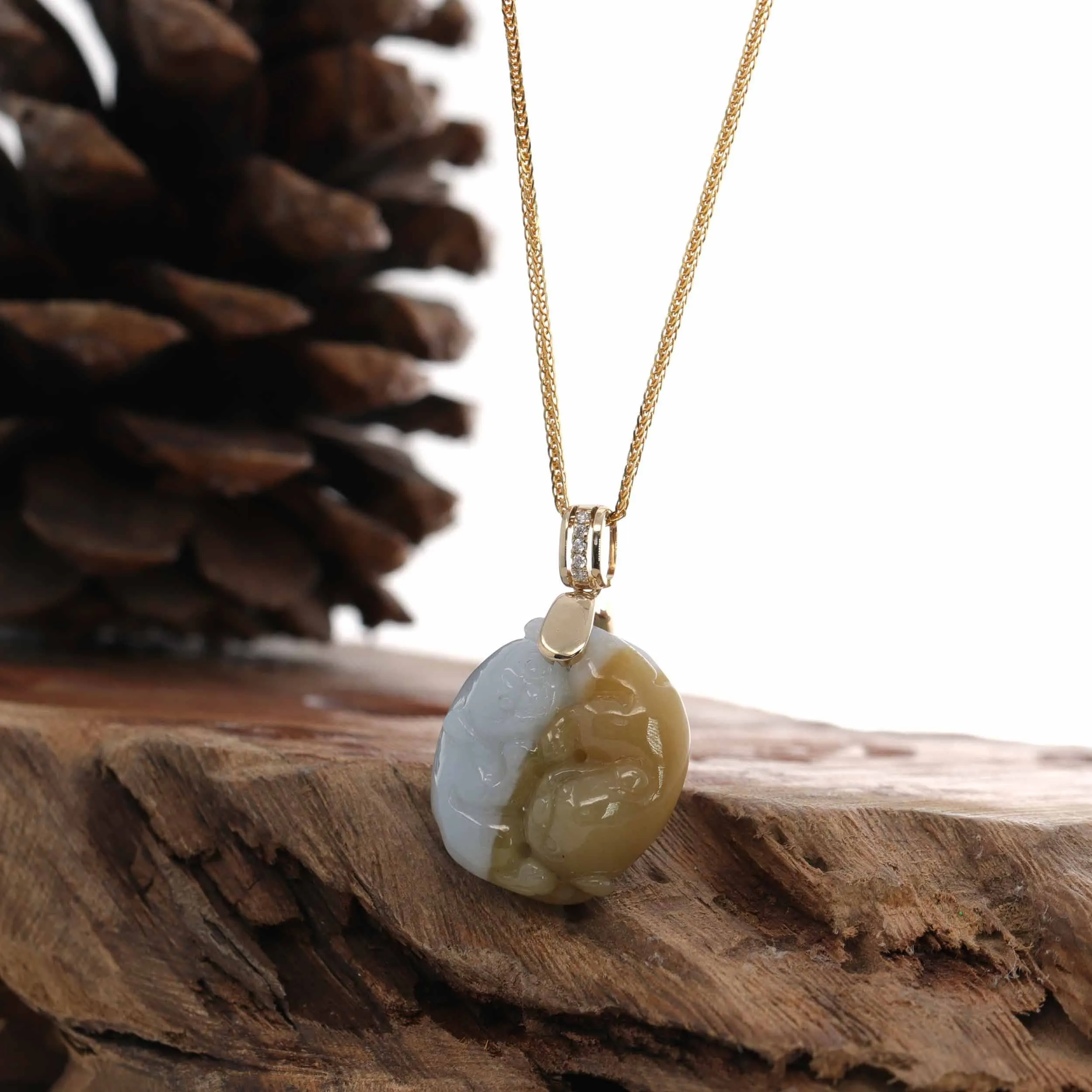 Natural Yellow Jadeite Jade Lucky "Yin Yang Pixiu" Necklace With 14k Yellow Gold Diamond Bail