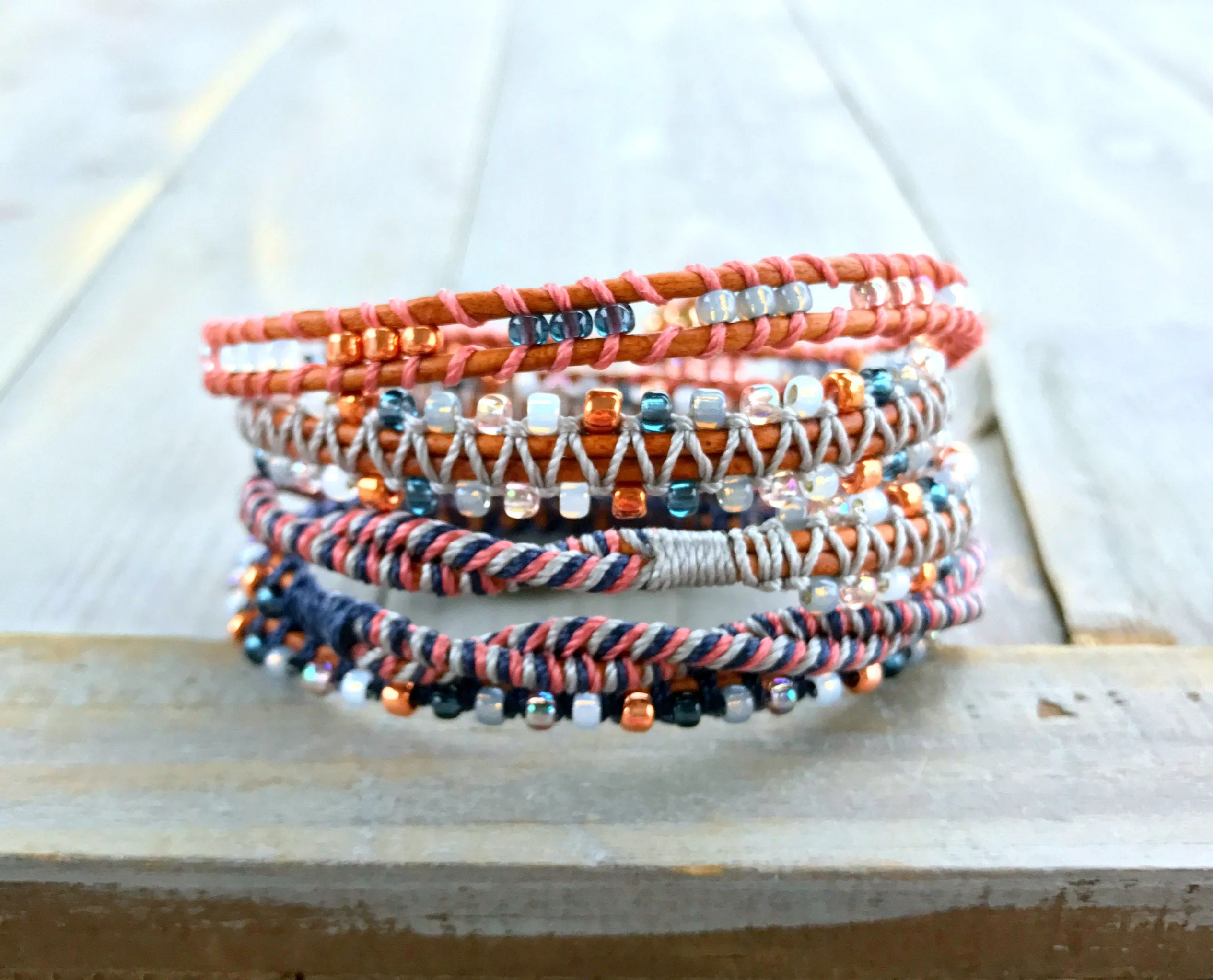 Navy Gray Blush and Copper Textured 5x Beaded Wrap Bracelet