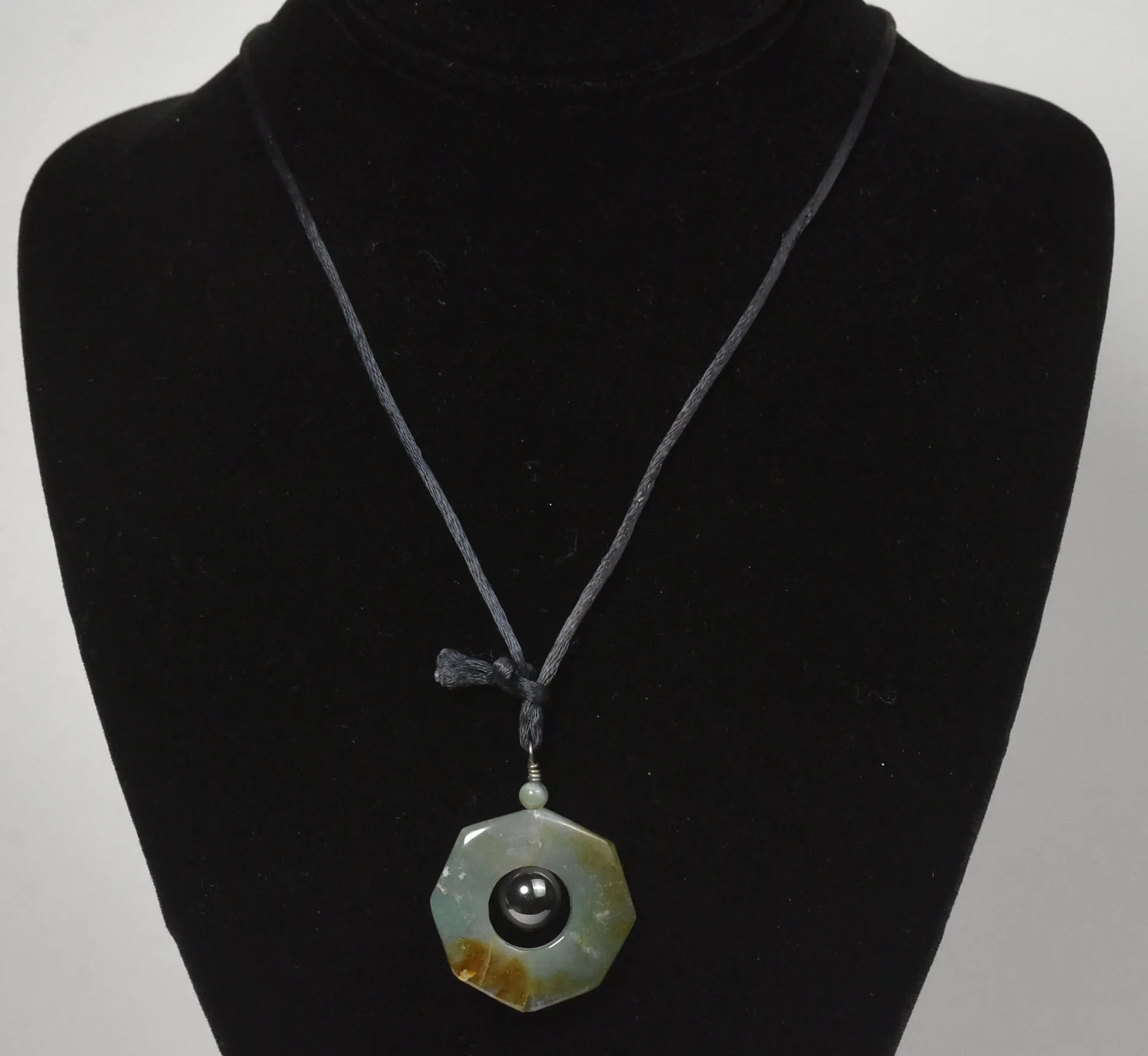 Nephrite Jade and Magnetite Pendant on Black Silk Cord Necklace