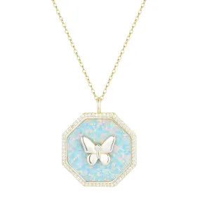 Octagon Butterfly Medallion Necklace - Opal