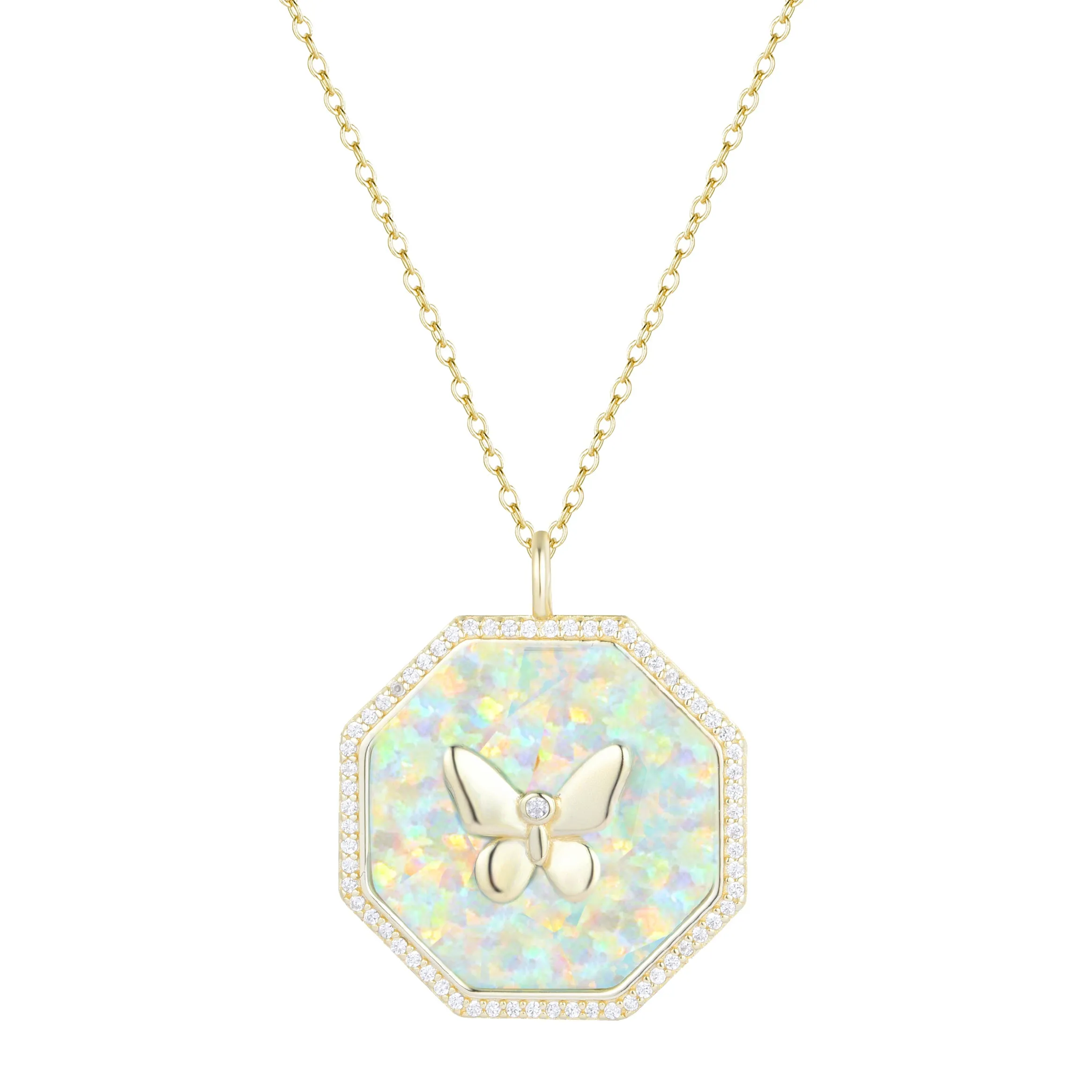 Octagon Butterfly Medallion Necklace - Opal