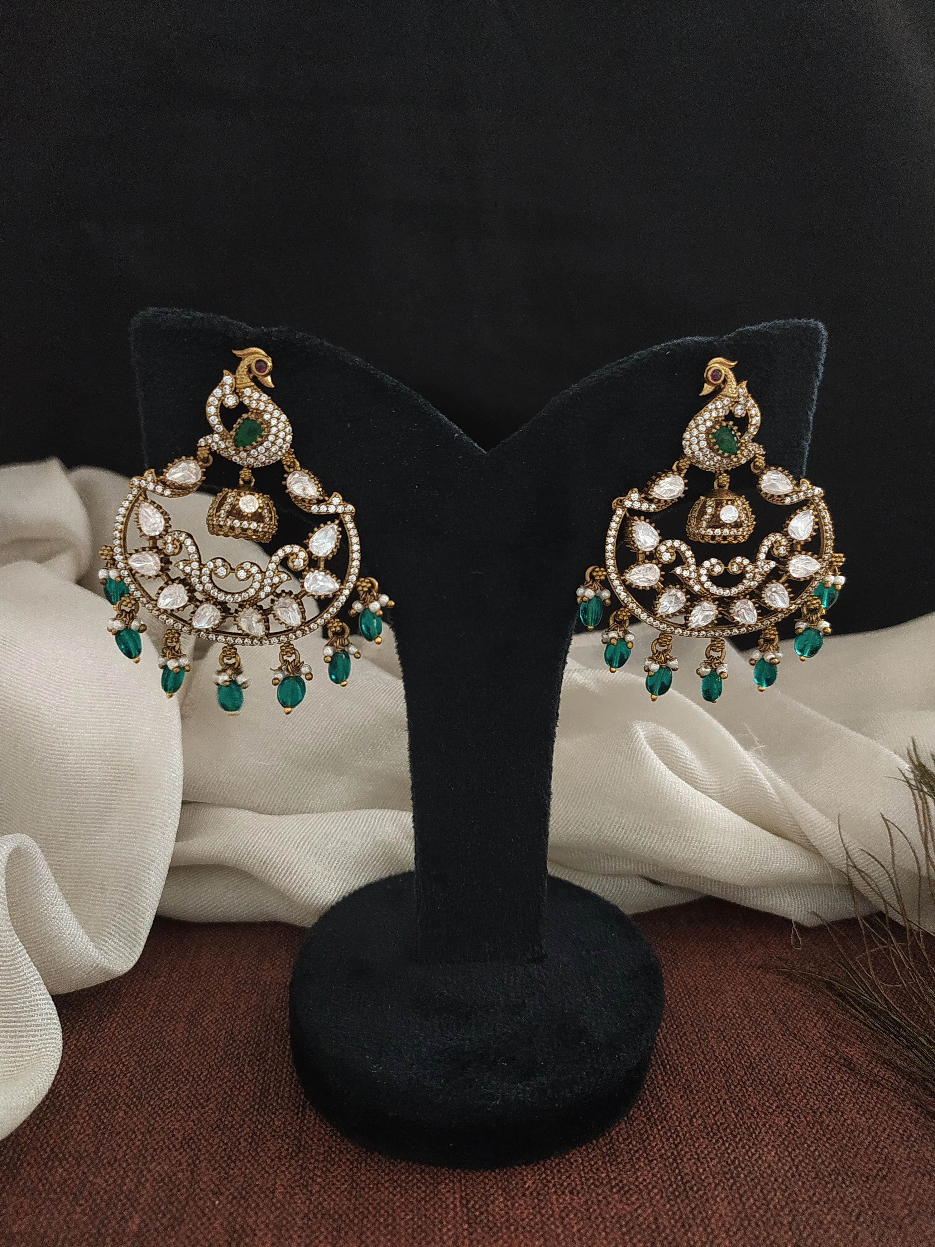 Opulent Victorian Peacock Studded Chandbali Earrings with Moissanite Stones