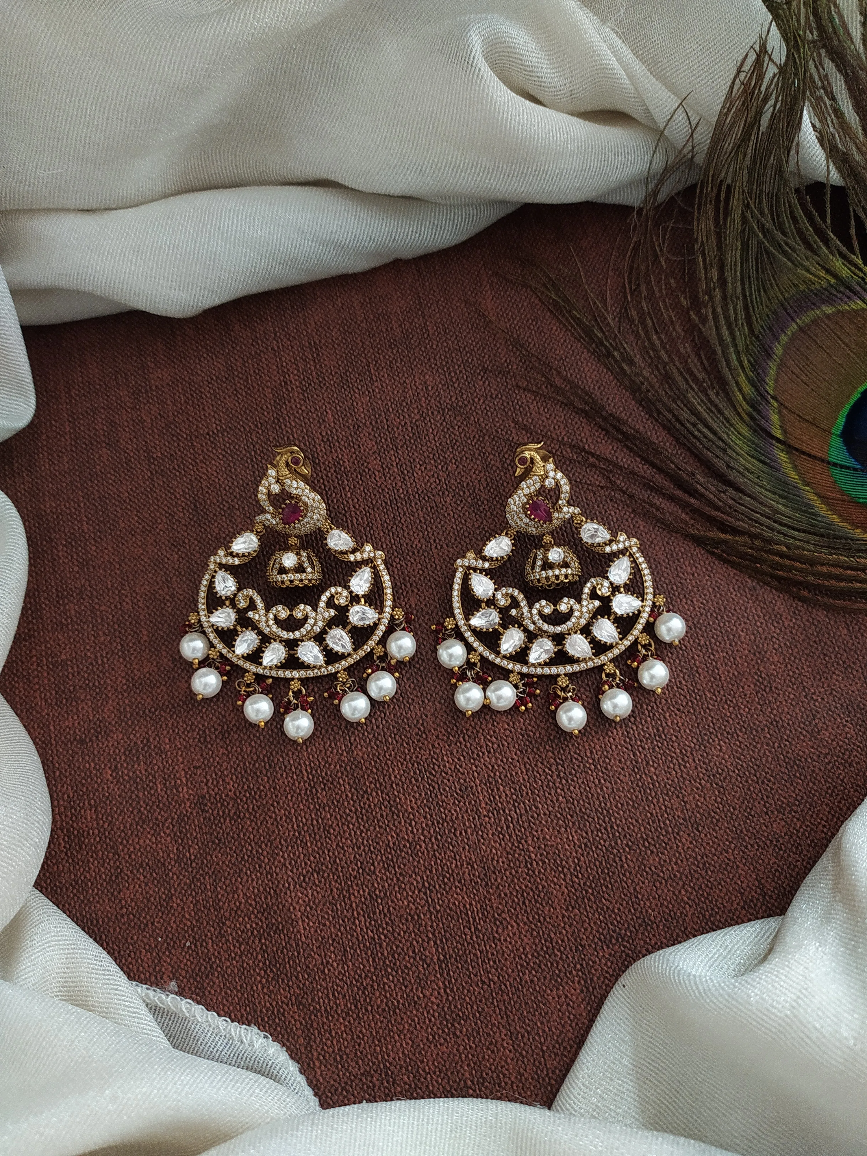 Opulent Victorian Peacock Studded Chandbali Earrings with Moissanite Stones