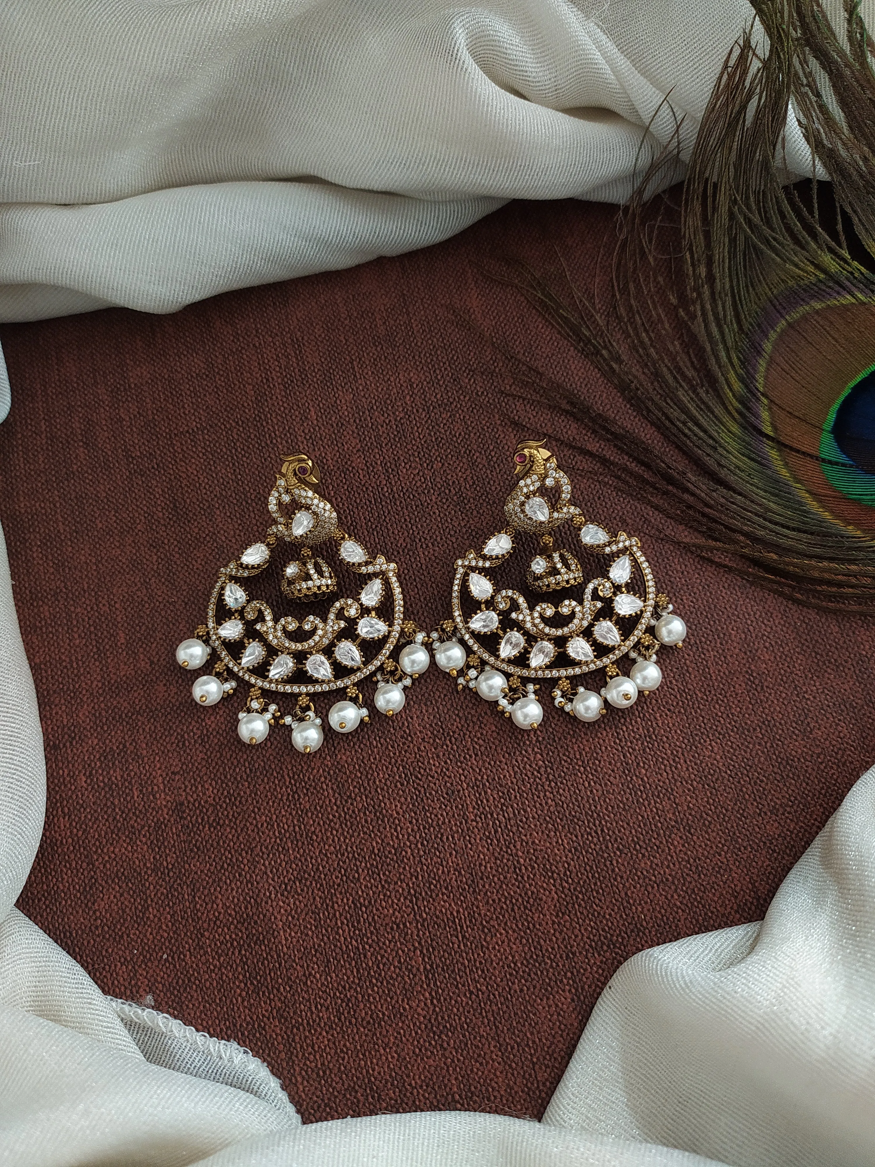 Opulent Victorian Peacock Studded Chandbali Earrings with Moissanite Stones