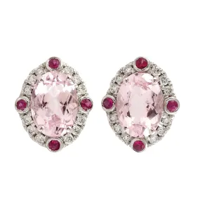 Oval Morganite Bezel Set Ruby Prong Diamond Stud Earrings In White Gold For Her