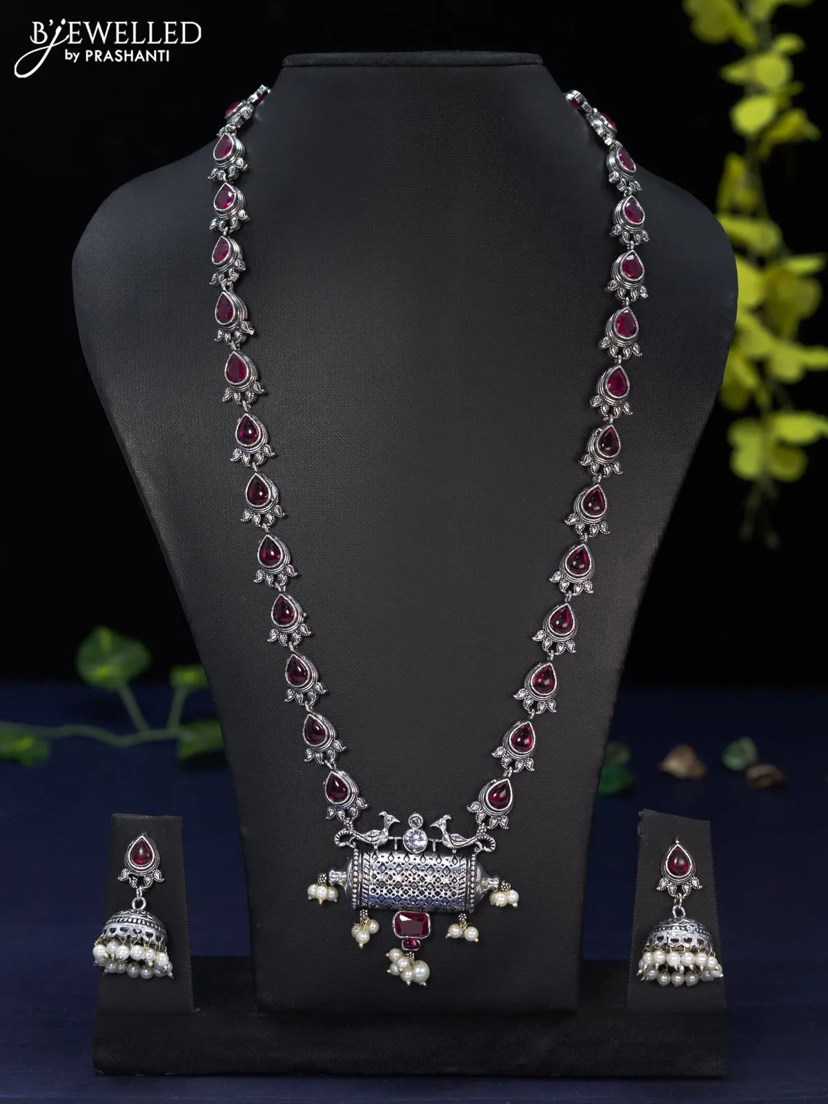 Oxidised haaram with ruby & cz stones and pearl hangings