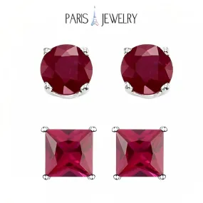 Paris Jewelry 18k White Gold 2 Pair Created Ruby 4mm Round & Princess Cut Stud Earrings Plated