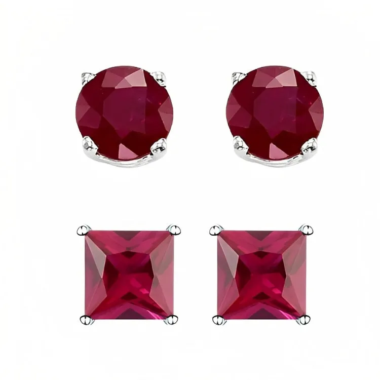 Paris Jewelry 18k White Gold 2 Pair Created Ruby 4mm Round & Princess Cut Stud Earrings Plated