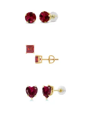 Paris Jewelry 18k Yellow Gold 4Cttw Created Ruby 3 Pair Round, Square And Heart Stud Earrings Plated