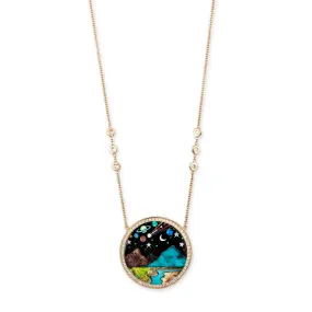 PAVE ROUND ONYX   OPAL SCENIC GALAXY INLAY NECKLACE