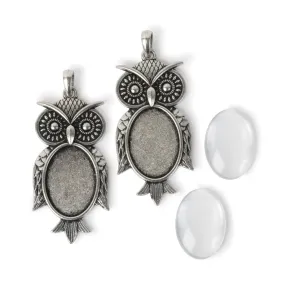 Picture Frame Pendants - Owl Design, Antiqued Silvertone, for 18 x 25 mm Pictures - Set of Two