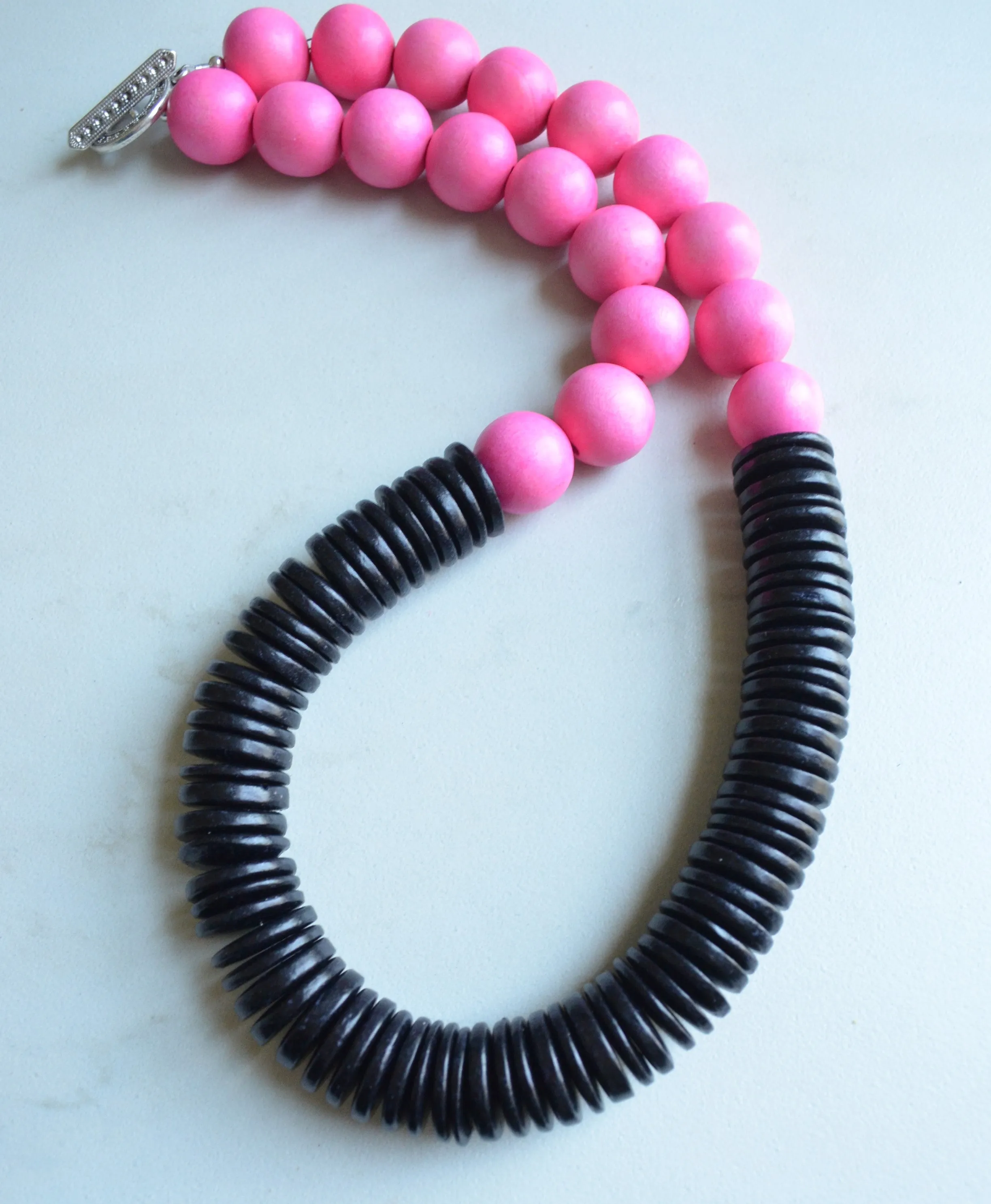 Pink Black Wood Long Beaded Wooden Chunky Womens Statement Necklace - Elena