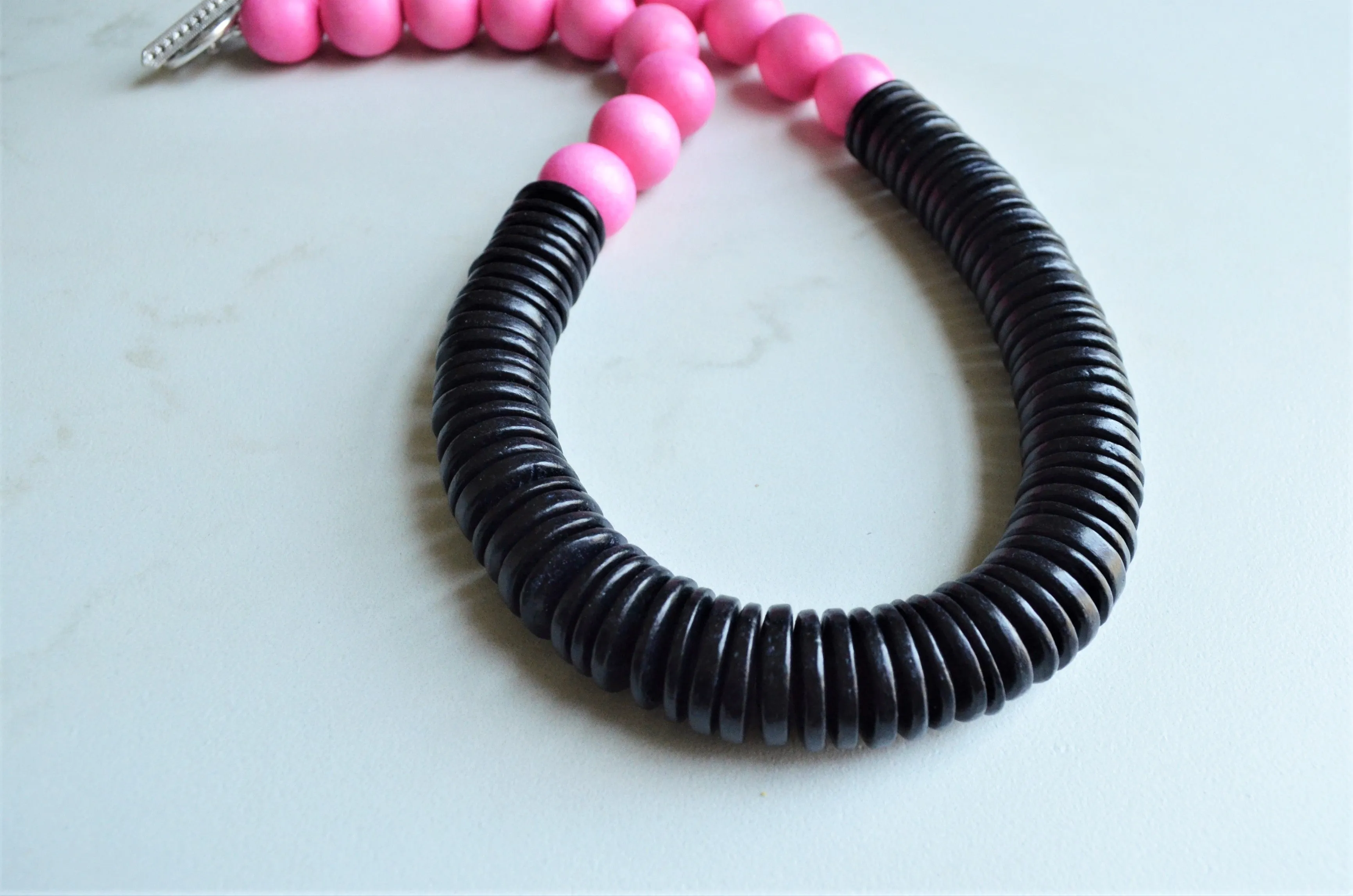 Pink Black Wood Long Beaded Wooden Chunky Womens Statement Necklace - Elena