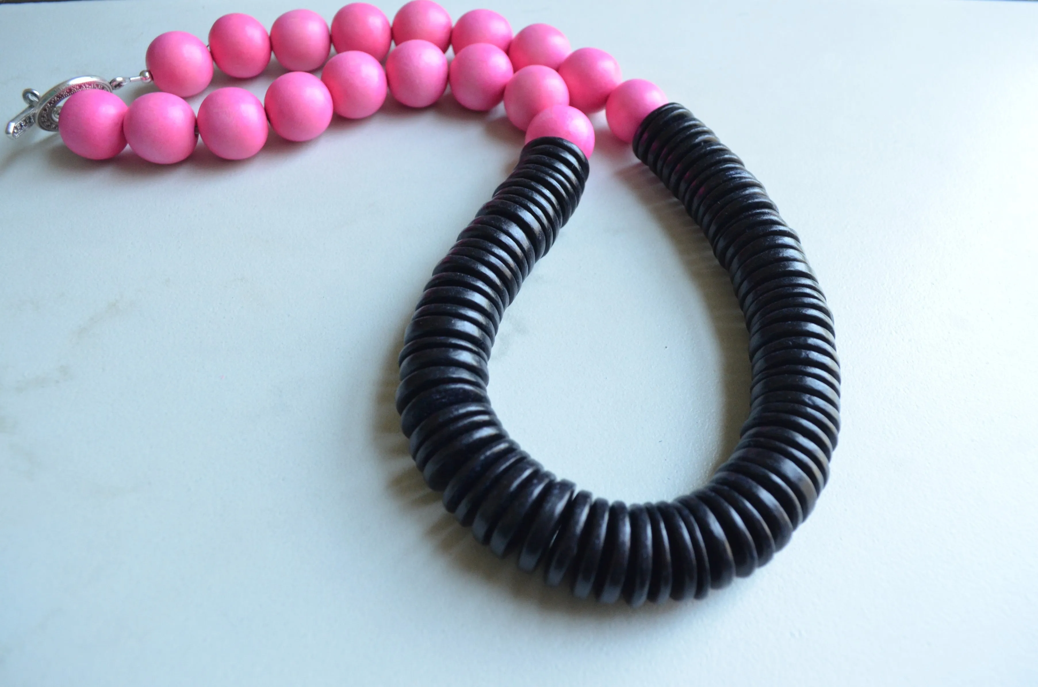 Pink Black Wood Long Beaded Wooden Chunky Womens Statement Necklace - Elena