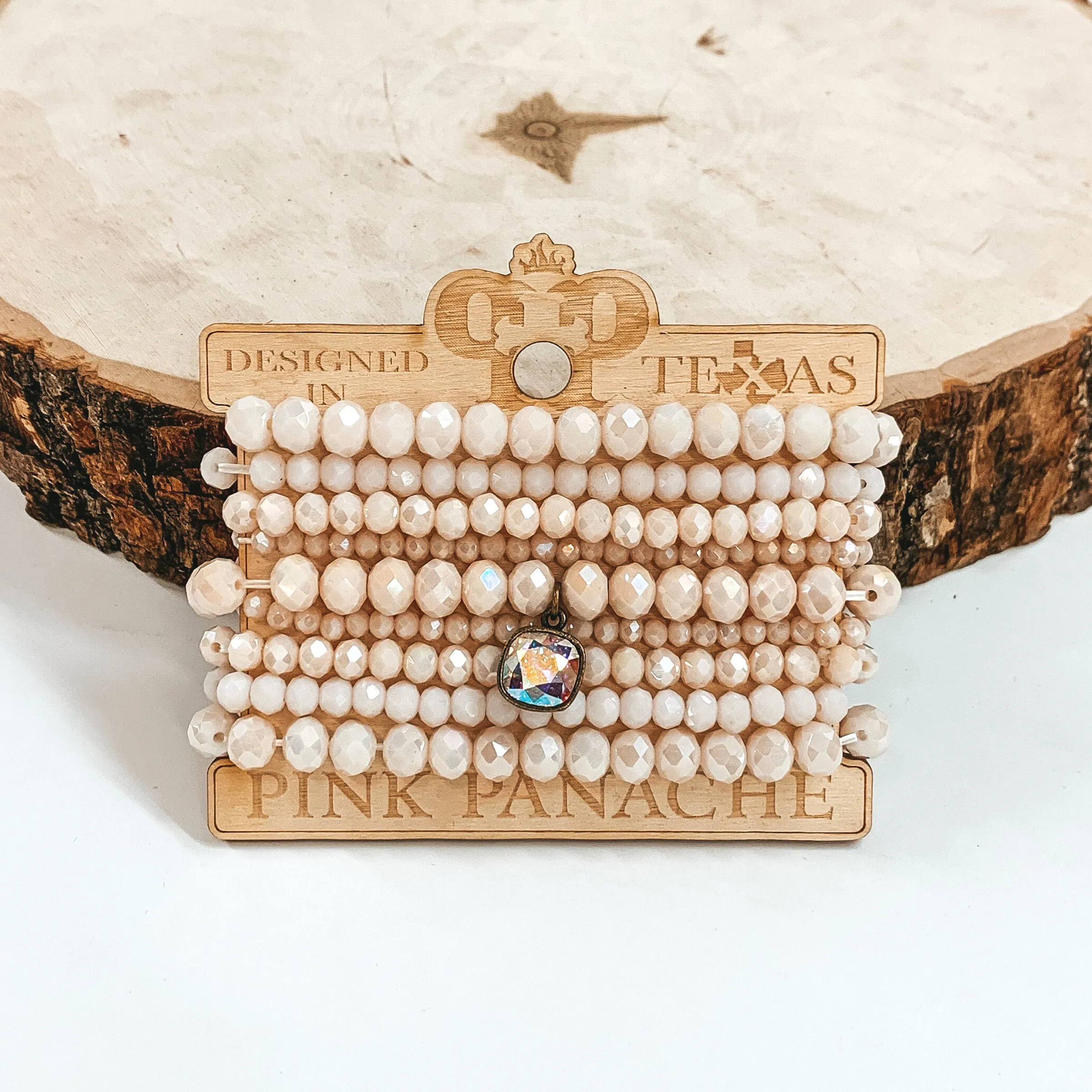 Pink Panache | Crystal Bracelet Set with AB Cushion Cut Crystal Pendant in Pale Pink