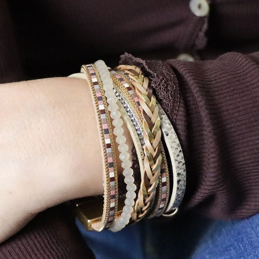 Plaited Leather, Snakeskin and Beaded Crossover Bracelet