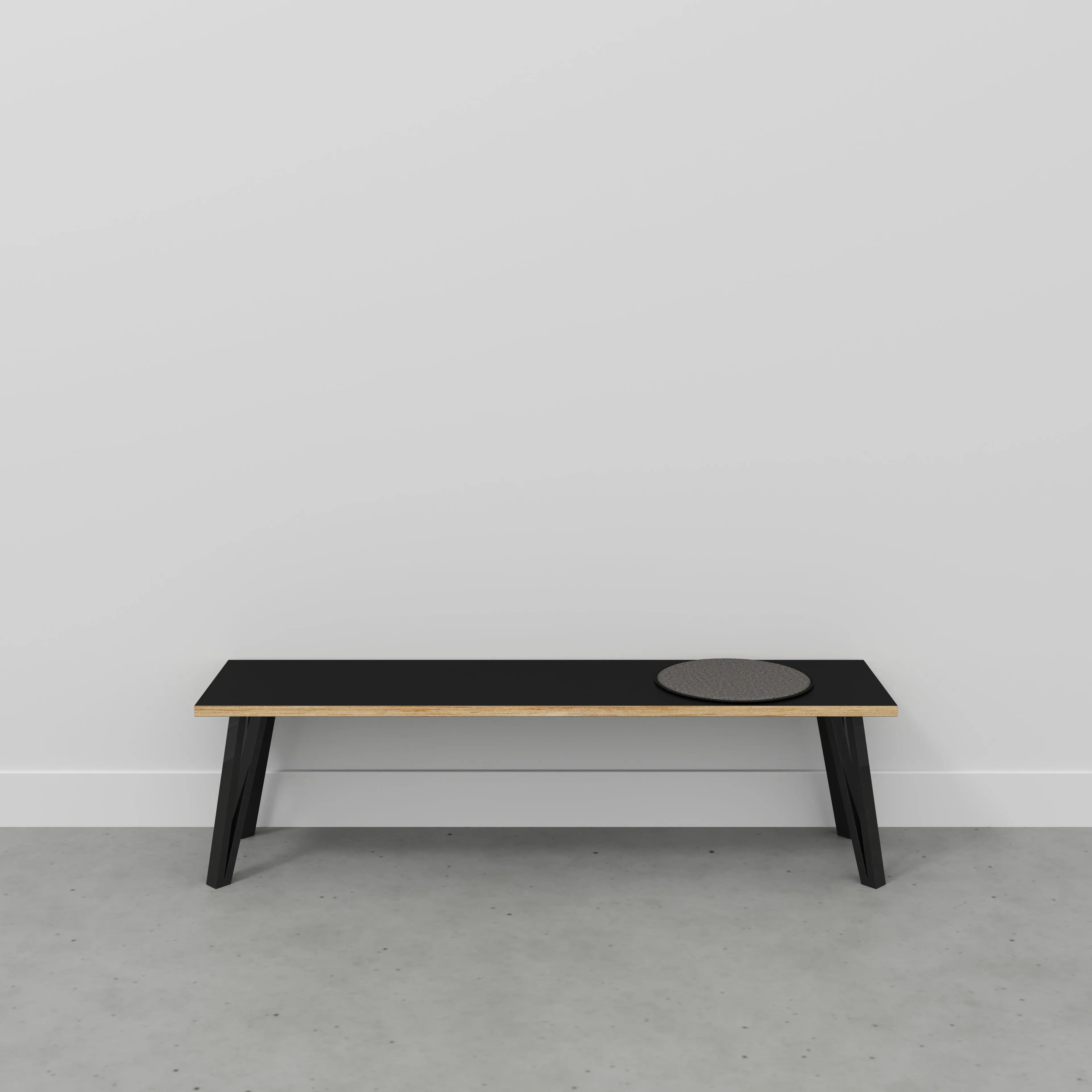 Plywood Bench Seat with Black Box Hairpin Legs - Formica Diamond Black - 1600(w) x 400(d) x 450(h)