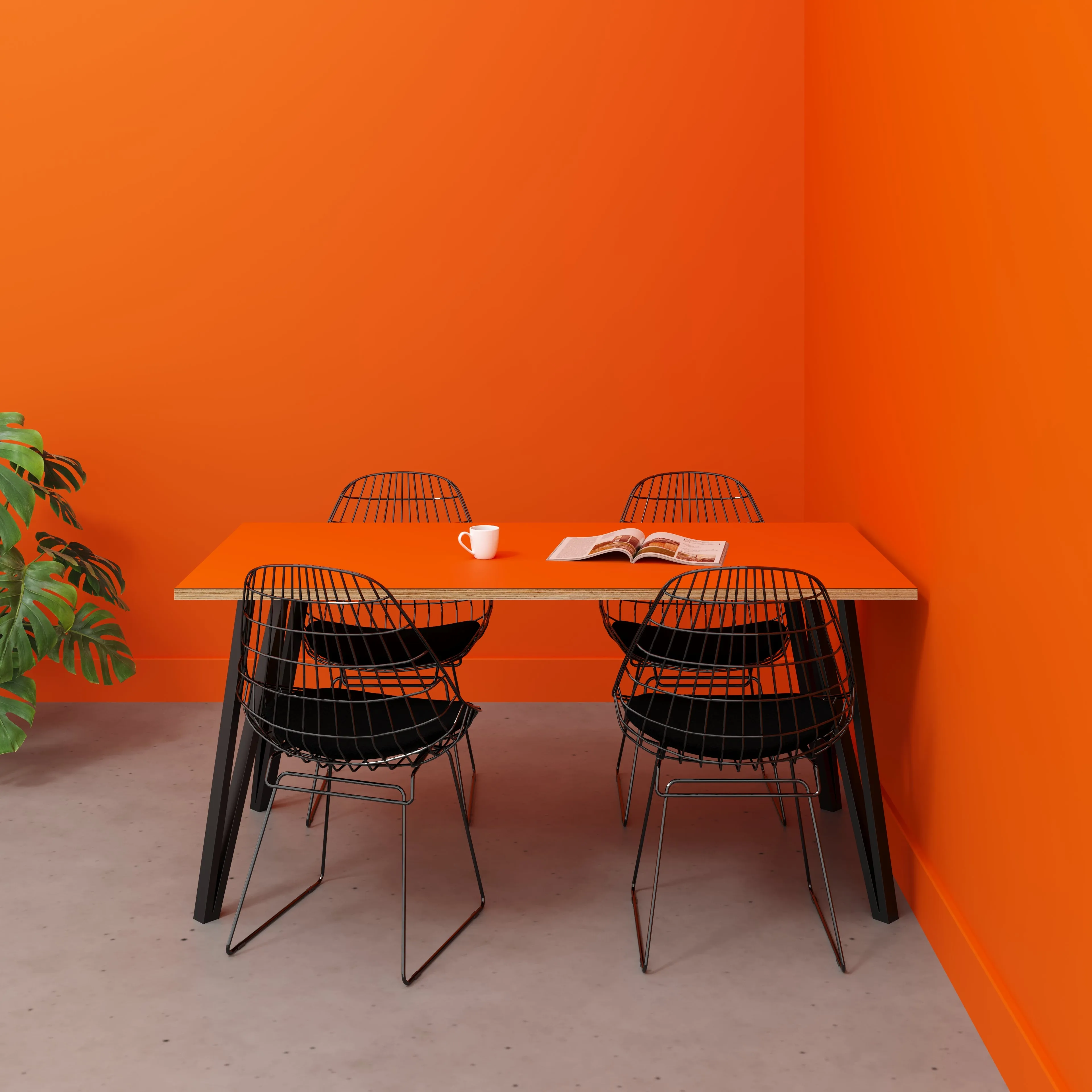 Plywood Table with Black Box Hairpin Legs - Formica Levante Orange - 1600(w) x 800(d) x 735(h)