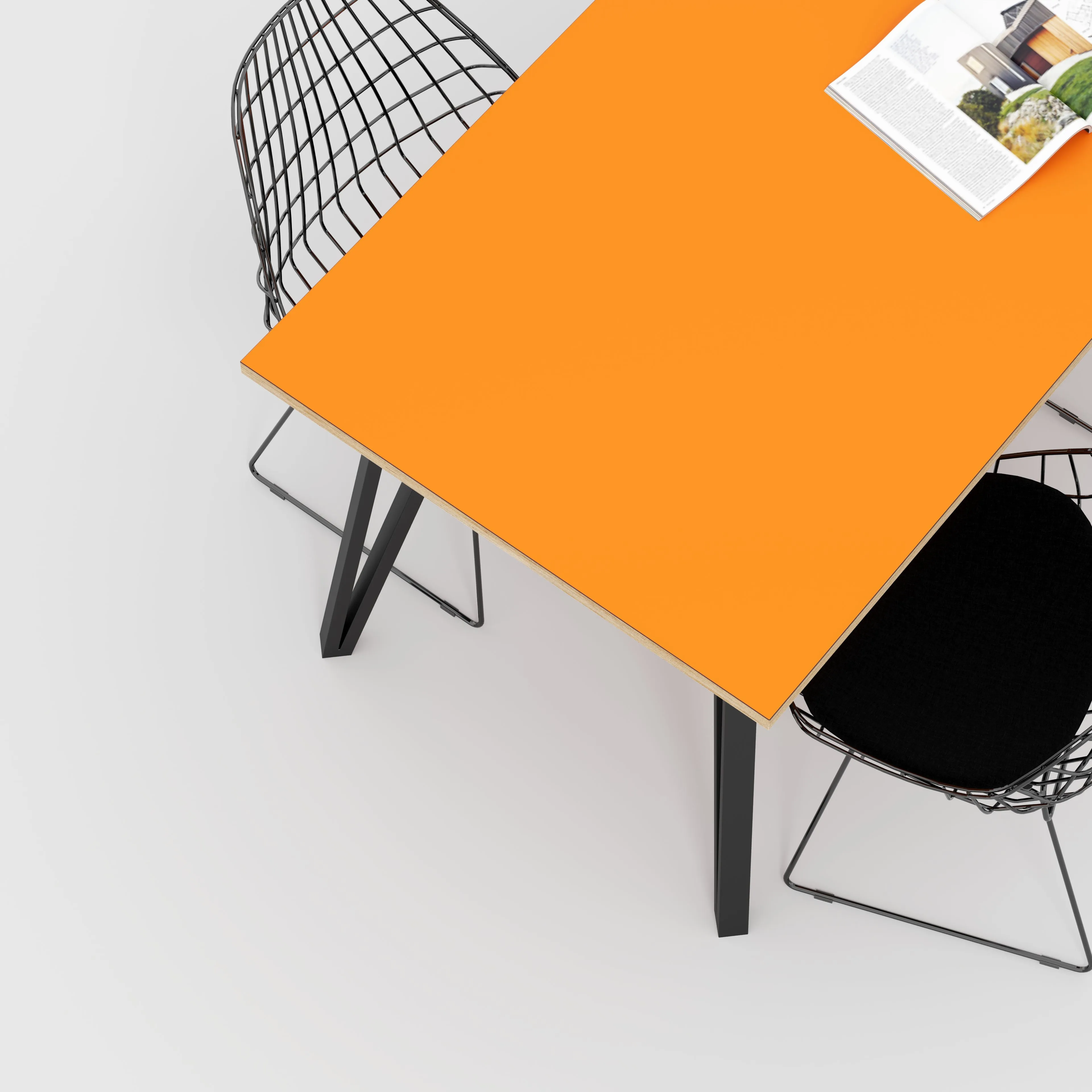 Plywood Table with Black Box Hairpin Legs - Formica Levante Orange - 1600(w) x 800(d) x 735(h)