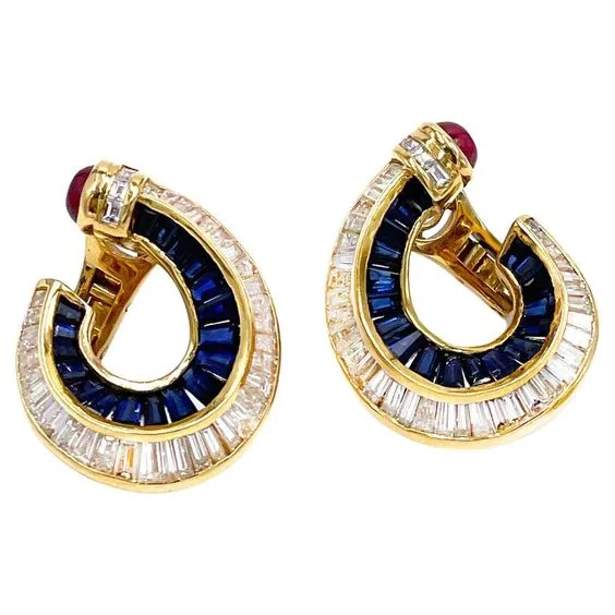 Pre-owned 18K Yellow Gold Ruby, Sapphire and Diamond Earrings