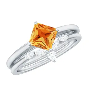 Princess Cut Citrine and Diamond Solitaire Ring Set