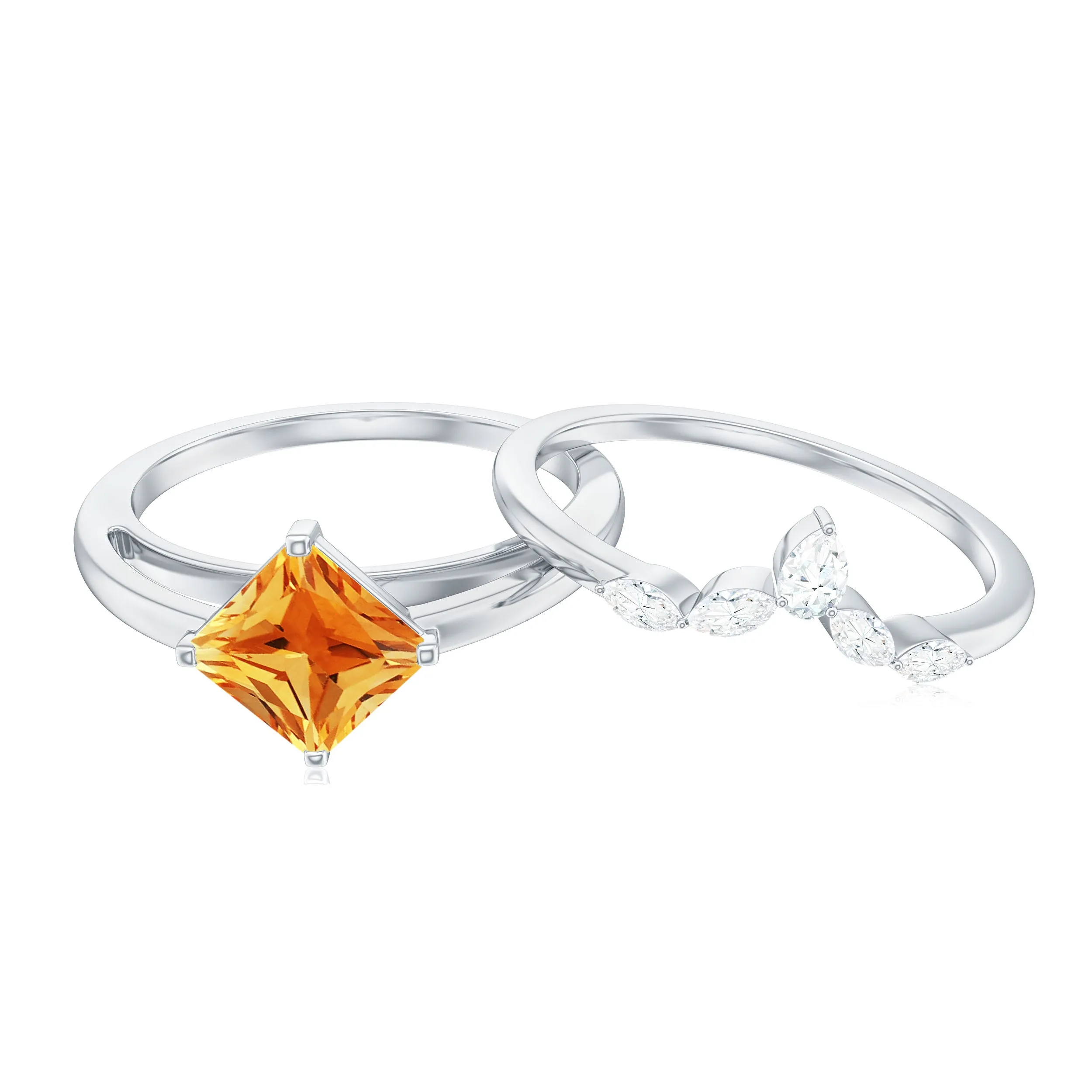 Princess Cut Citrine and Diamond Solitaire Ring Set