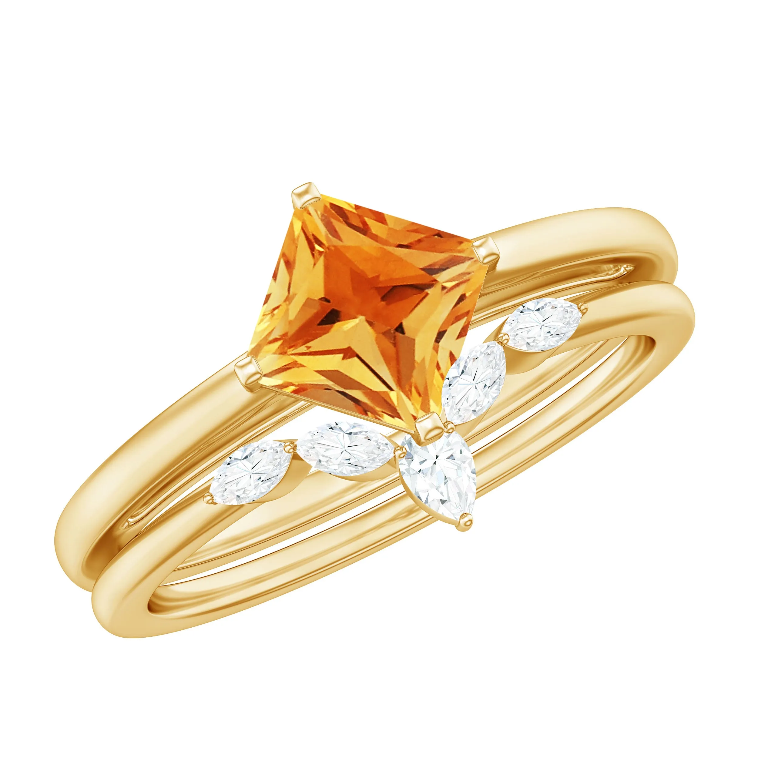 Princess Cut Citrine and Diamond Solitaire Ring Set