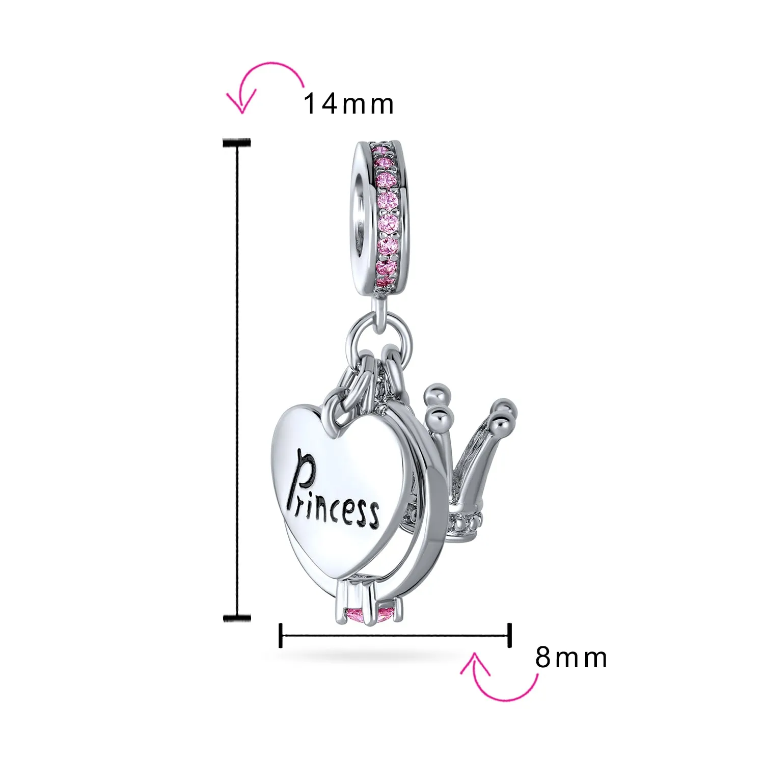 Princess Heart Crown Ring Pink Crystal Dangle Charm Bead for European Bracelet