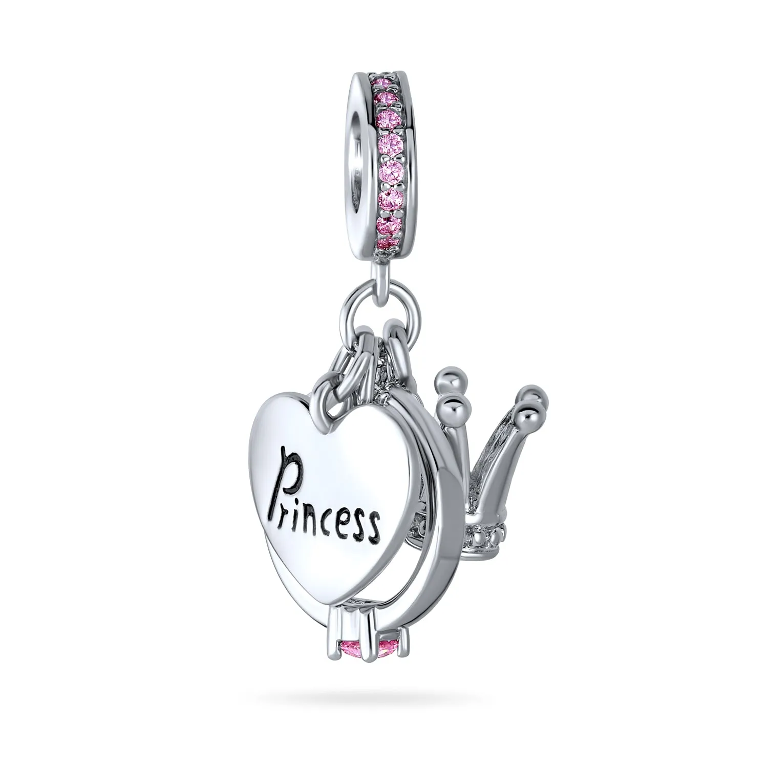 Princess Heart Crown Ring Pink Crystal Dangle Charm Bead for European Bracelet