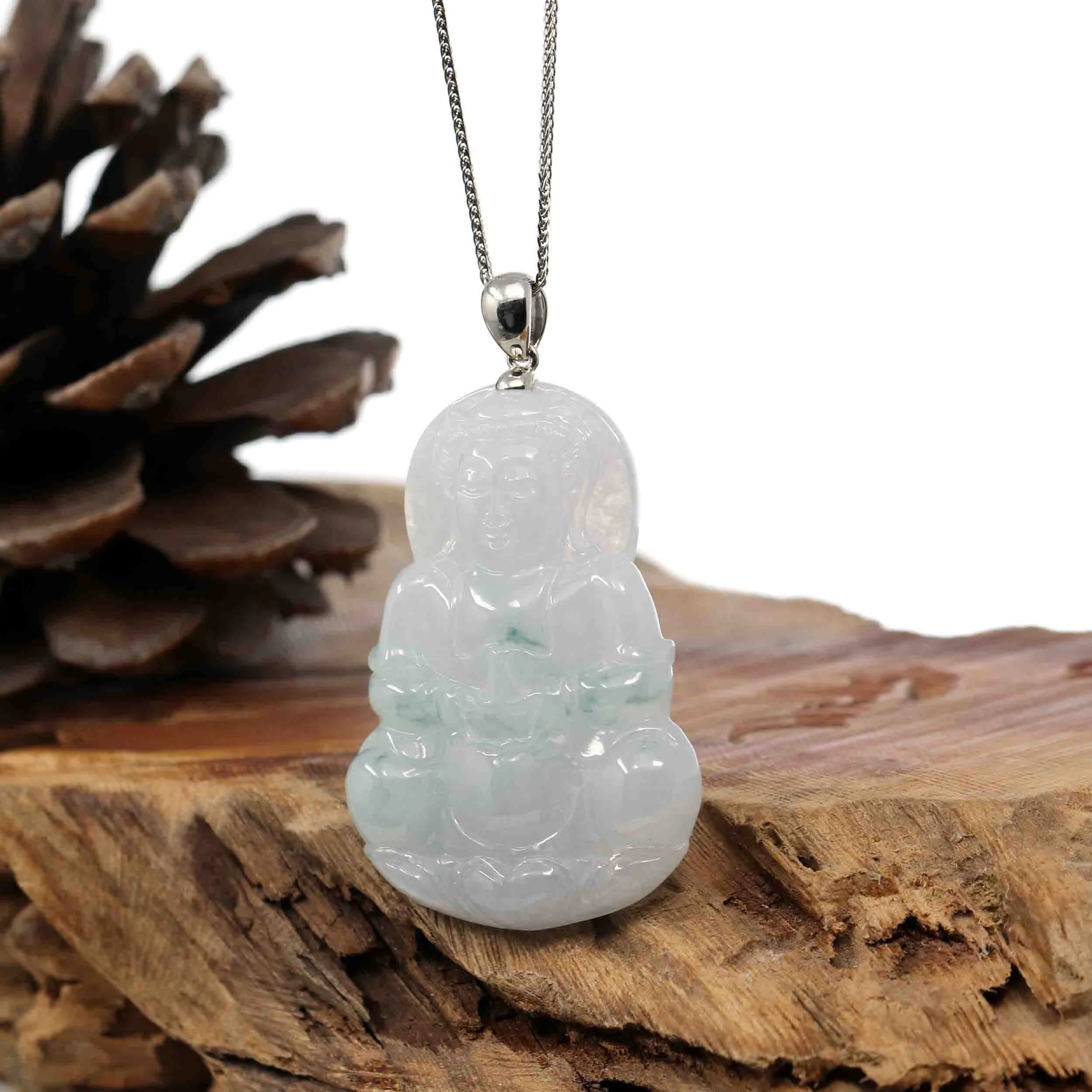 "Goddess of Compassion" Sterling Silver Genuine Burmese Jadeite Jade Guanyin Necklace