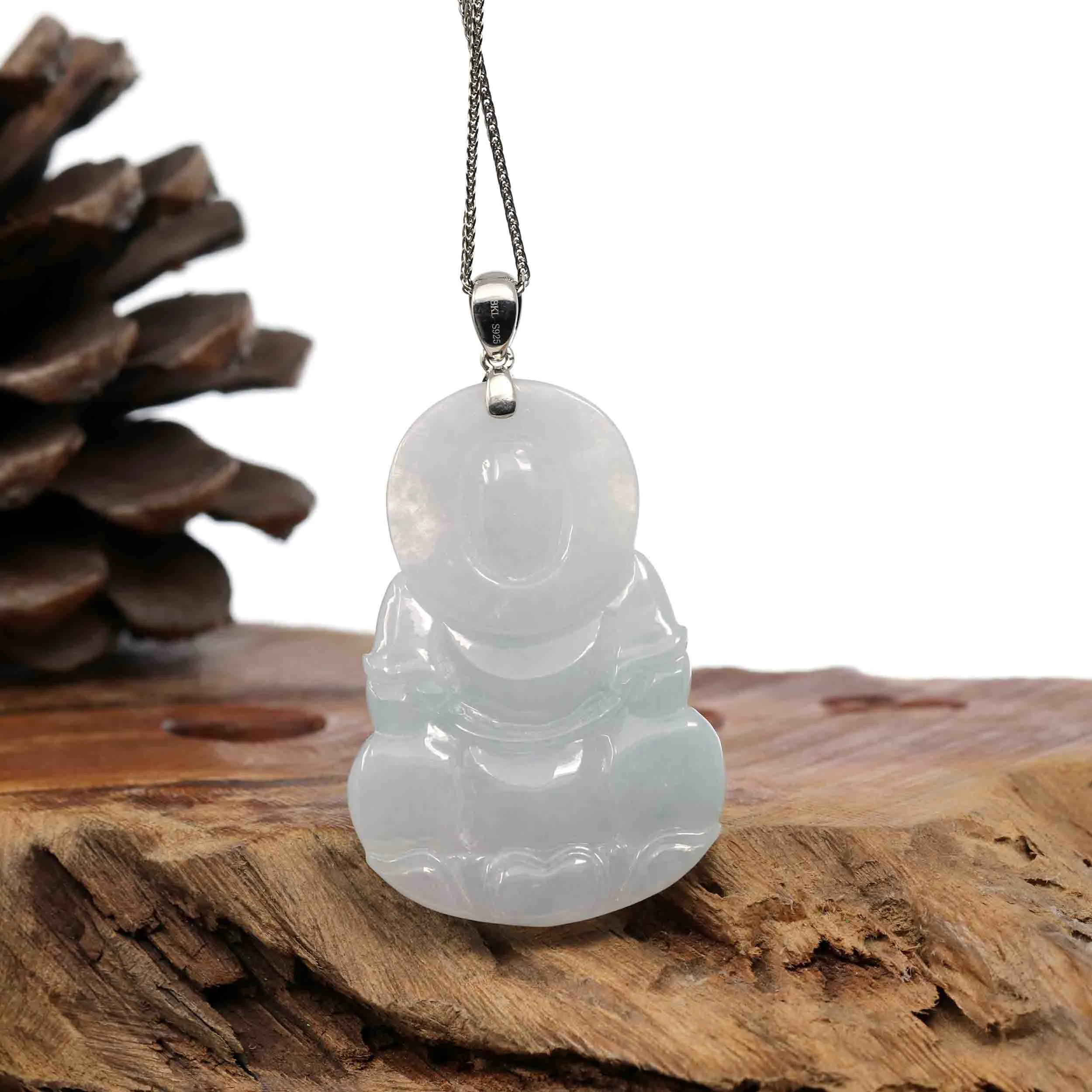 "Goddess of Compassion" Sterling Silver Genuine Burmese Jadeite Jade Guanyin Necklace