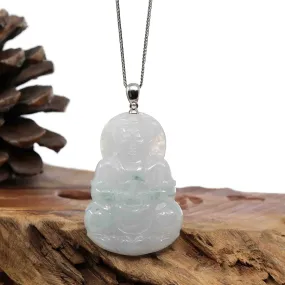 "Goddess of Compassion" Sterling Silver Genuine Burmese Jadeite Jade Guanyin Necklace