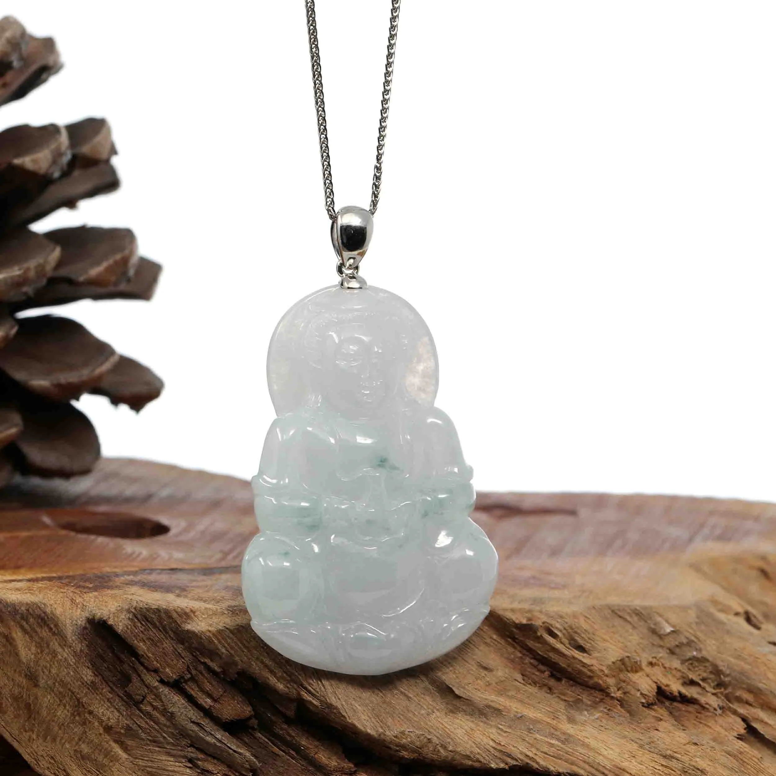 "Goddess of Compassion" Sterling Silver Genuine Burmese Jadeite Jade Guanyin Necklace