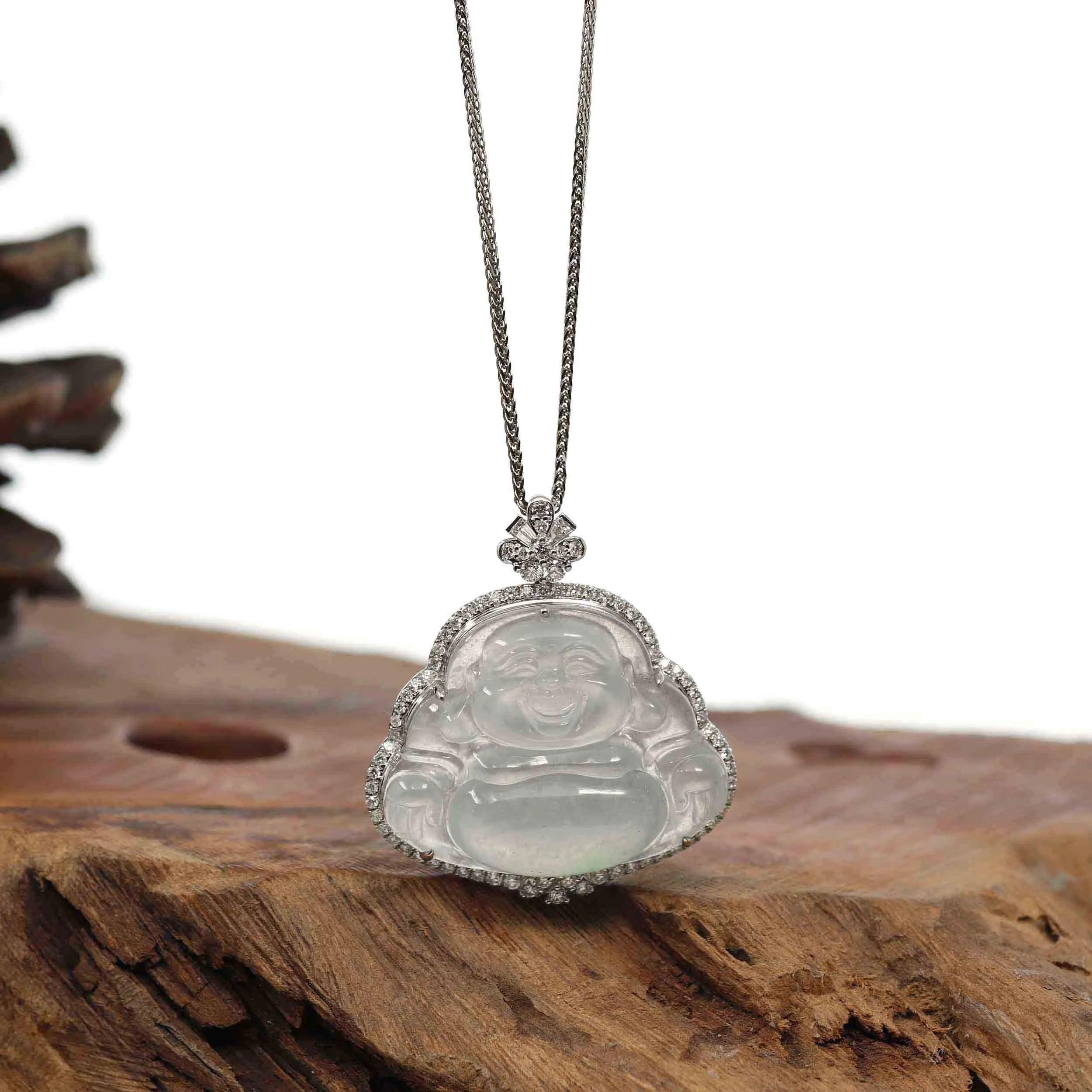 RealJade® Co. High-end 14K White Gold Genuine Burmese Ice Jadeite Jade Buddha Pendant with Diamonds High Jewelry