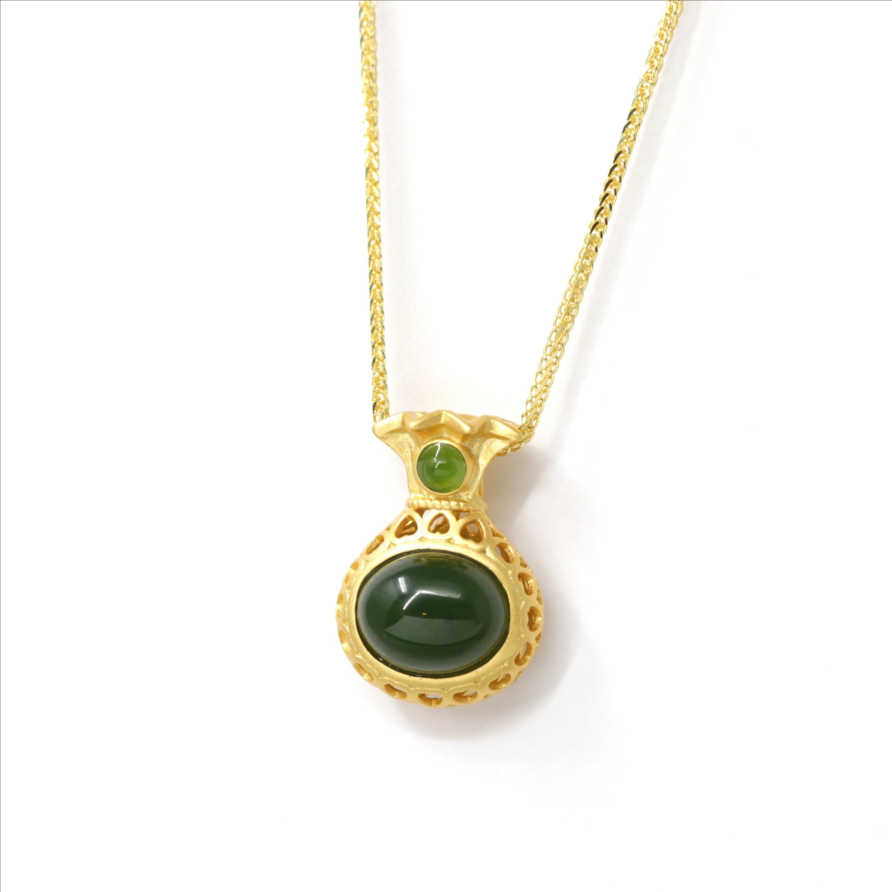 RealJade® Co. "Lucky Money Bag" Necklace Gold Plated Sterling Silver Natural Nephrite Jade Necklace