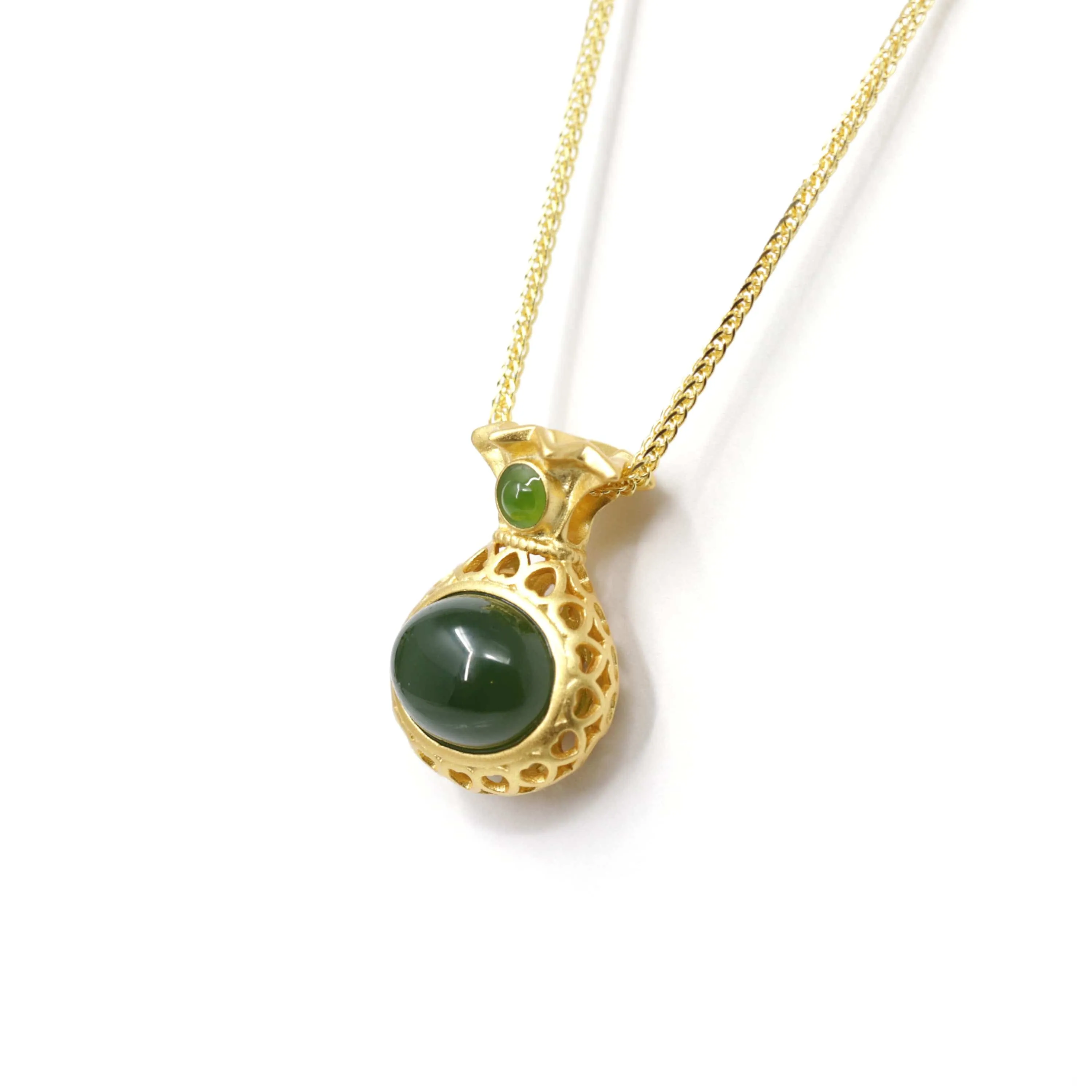 RealJade® Co. "Lucky Money Bag" Necklace Gold Plated Sterling Silver Natural Nephrite Jade Necklace