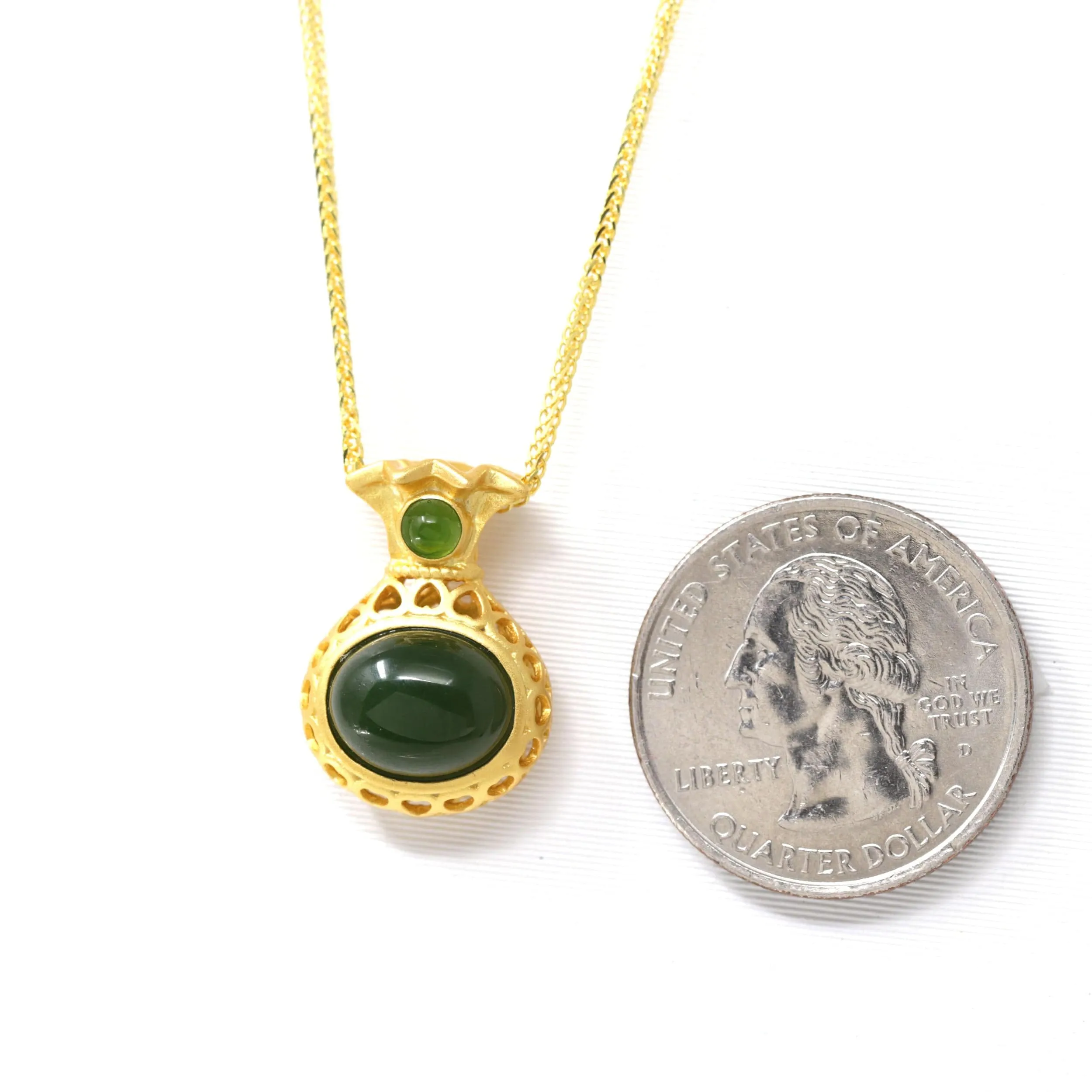 RealJade® Co. "Lucky Money Bag" Necklace Gold Plated Sterling Silver Natural Nephrite Jade Necklace