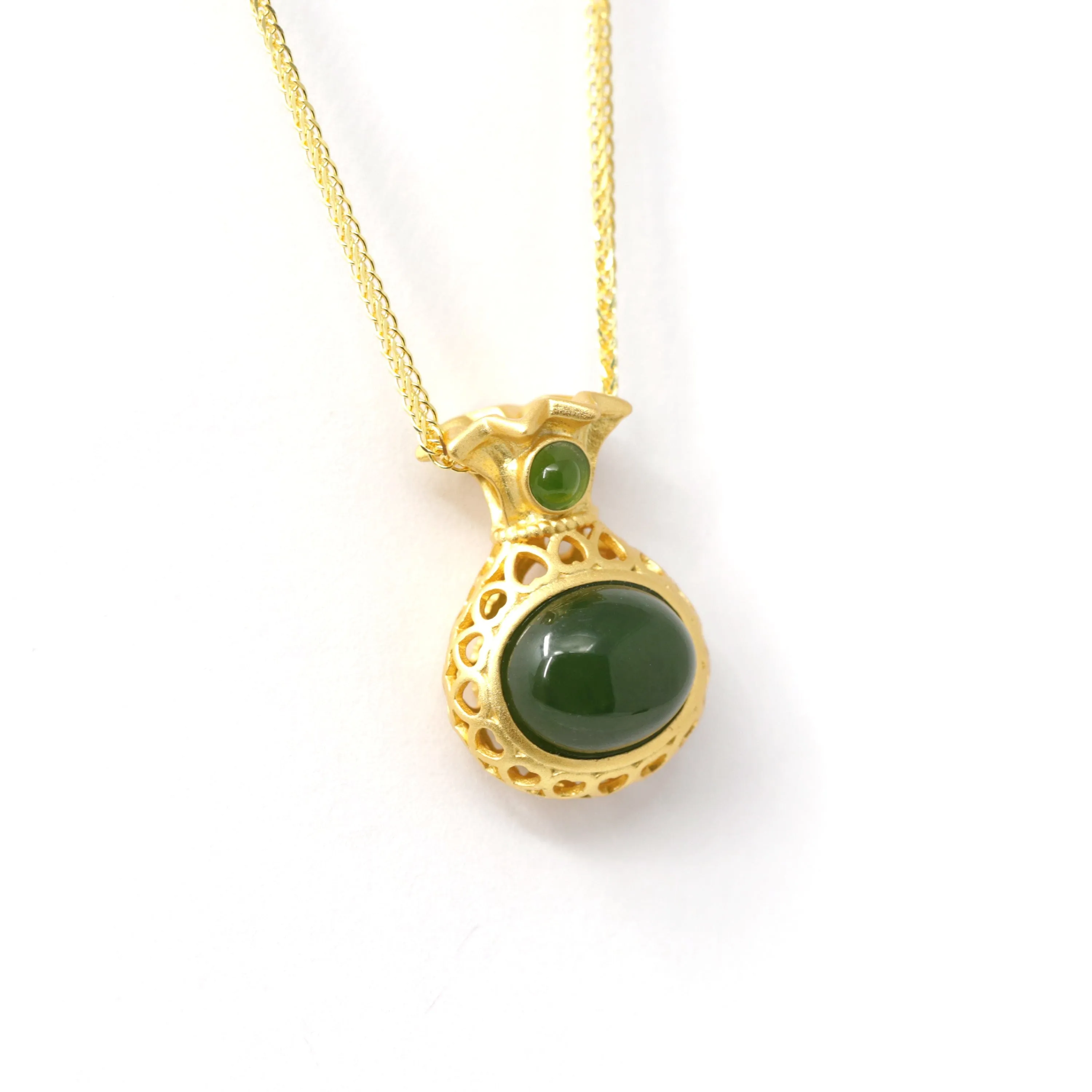 RealJade® Co. "Lucky Money Bag" Necklace Gold Plated Sterling Silver Natural Nephrite Jade Necklace